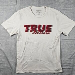 True Religion Mens Graphic T-Shirt White Red Black Glitch Logo SZ Small Cotton